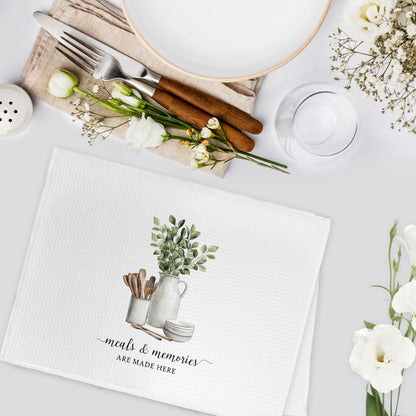 Gnmduw Eucalyptus Leaves Kitchen Towels, Sage Green Farmhouse Cooking Hand Towels Set of 2, Meals and Memories Are Made Here Hand Dish Tea Towel for Kitchen Bathroom Decor, Baking Gift for Chef,16x24