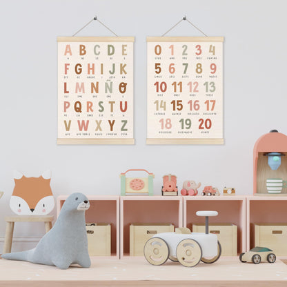 Alphabet Numbers Poster Hanger Frame Set of 2, Nursery Wall Decor, Boho ABC Poster Wall Art with Wooden Frames, Alphabet Banner Wall Hanging Decor for Boy Toddler Room Playroom, 12x16 Inch
