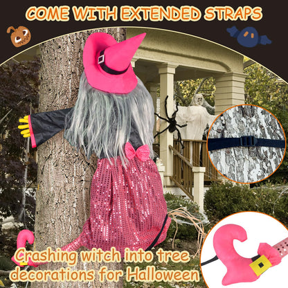Mewcooss 67" Large Crashing Witch Halloween Decor - Pink Witch Halloween Decor Crashing into Tree Props Halloweens Flying Witches Decoration with Broom for Outdoor Backyard Garden & Lawn