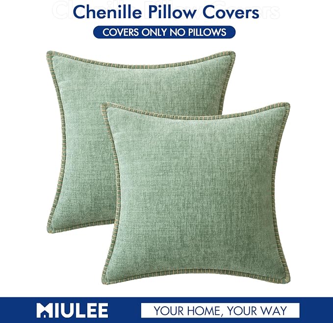 MIULEE Pack of 2 Summer Throw Pillow Covers 20x20 Inch Greyish Green Farmhouse Decorative Pillow Covers with Stitched Edge Soft Chenille Solid Dyed Pillow Covers for Couch Sofa Bed Living Room