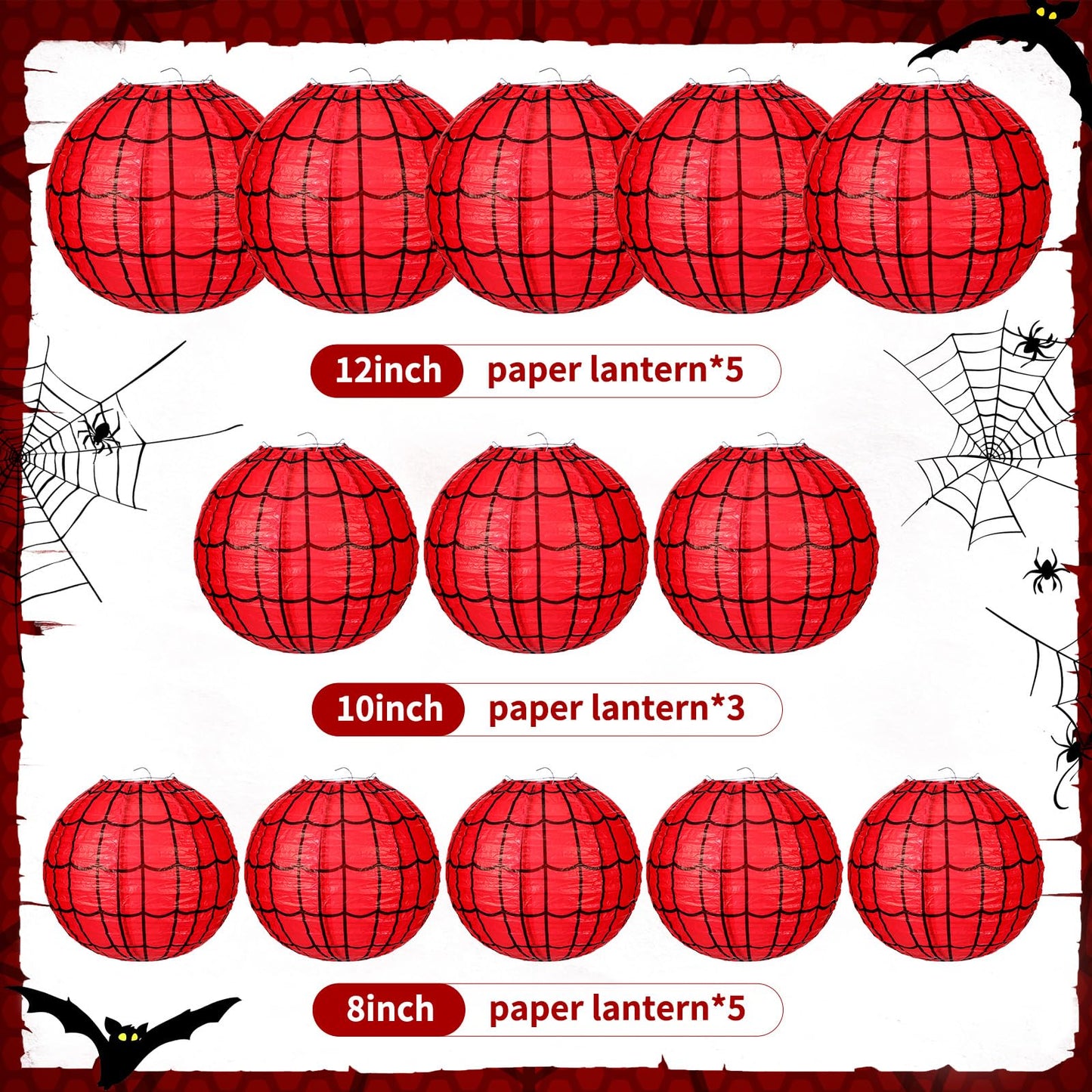 Bencailor 13 Pcs Spider Web Paper Lanterns Red Spider Web Party Hanging Supplies for Birthday Party Decorations