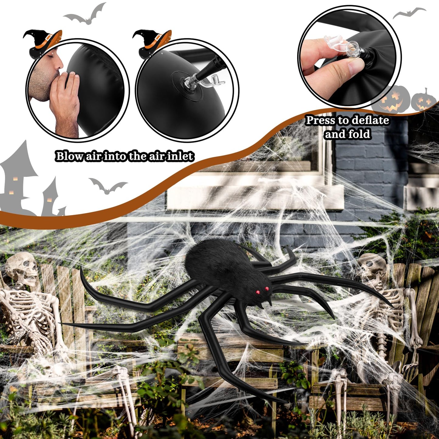 Halloween Decorations Spider Web, 40'' Inflatables Giant Spider + 200'' Triangular Giant Spider Web + 20G Spider Web, Scary Hairy Fake Halloween Spiders Props for Indoor Outdoor Party Halloween Yard.