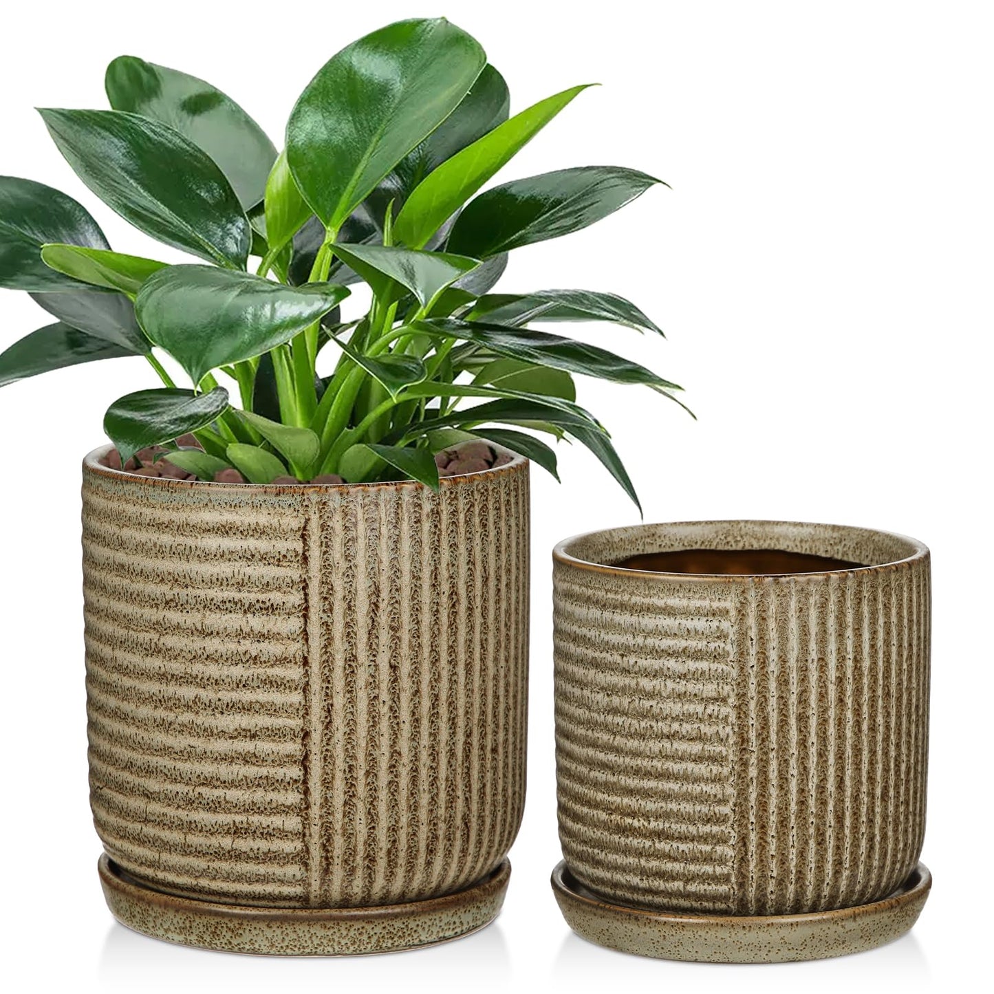 Oairse Ceramic Pots for Indoor Plants, 6.1 +4.9 inch Pots for Plants Set of 2 Brown Plant Pots with Drainage Holes and Saucers Texture Ceramic Planters Indoor Outdoor Flower Pot for Succulent