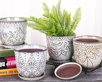 VanEnjoy 5.9 inch Round Bohemian Style Ceramic Planter, Geometry Engrave Off White Brown Planter Flower Pot, Indoor Outdoor Decorative Planter