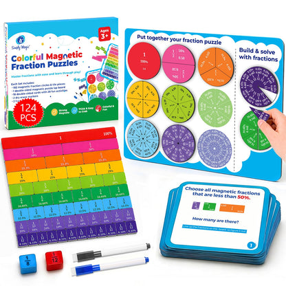 Simply magic 117 PCS Magnetic Fraction Puzzle with Tiles & Circles - Educational Fraction Magnets, Strips, Fraction Manipulatives with Decimals & Percentages for Elementary School & Homeschool