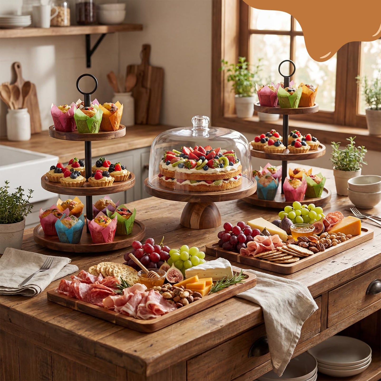 5 Pcs Wooden Dessert Table Display Set,Acacia Wood Cake Stand with Dome Lid,2 Pcs 3-Tier Dessert Display Stands and 2 Serving Trays Hosting Essential for Wedding Birthday Party Baby Shower Christmas