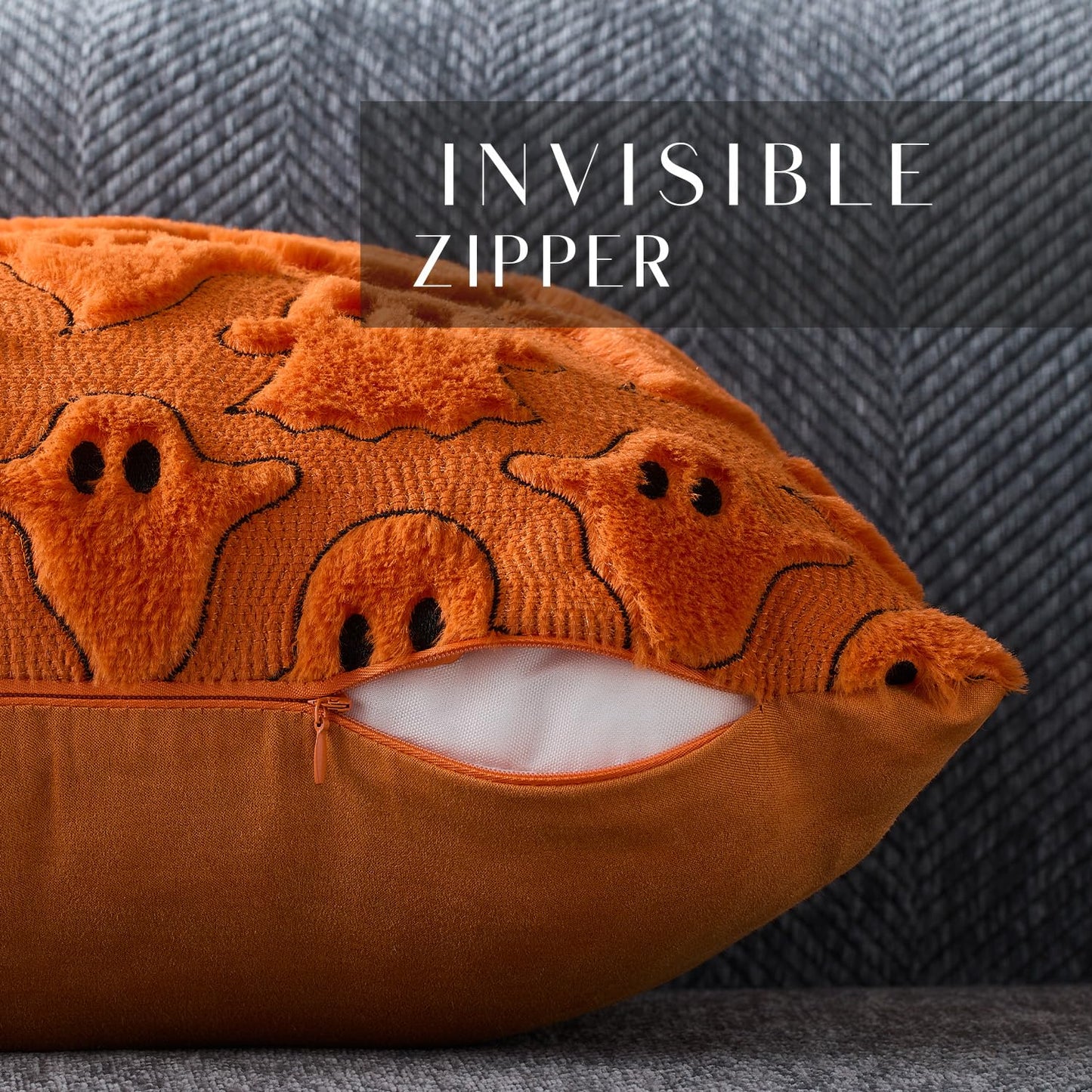 DFXSZ Halloween Pillow Covers 18x18 inch Set of 2 Orange White Ghost Throw Pillow Cases Soft Plush Faux Fur Wool Couch Cushion Case for Chair Sofa Bedroom Living Room Home Decor PTK03K18