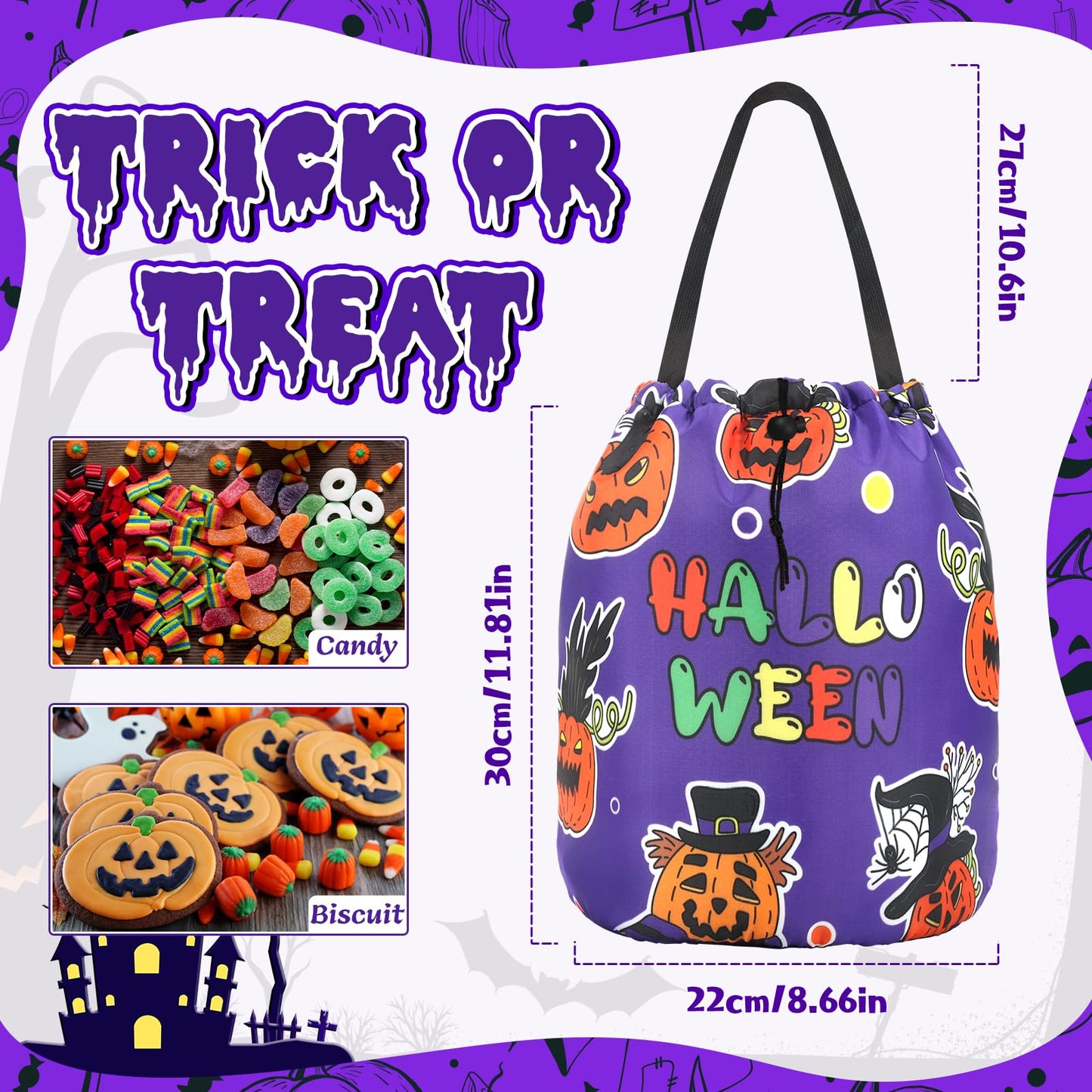 Lainlight Halloween Candy Bags Draw String Trick or Treat Bag with Pumpkin Face for Kids Halloween Party Favors Purple