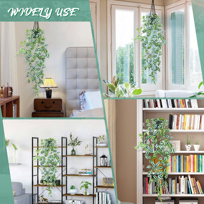 LOYWREE 3 Pack Fake Hanging Plants - Small Potted Plants with Green Eyebrow-Leaf Trailing Vines, Indoor Outdoor Aesthetic Decor for Office, Living Room Shelf & Home Accent (Black Pot)