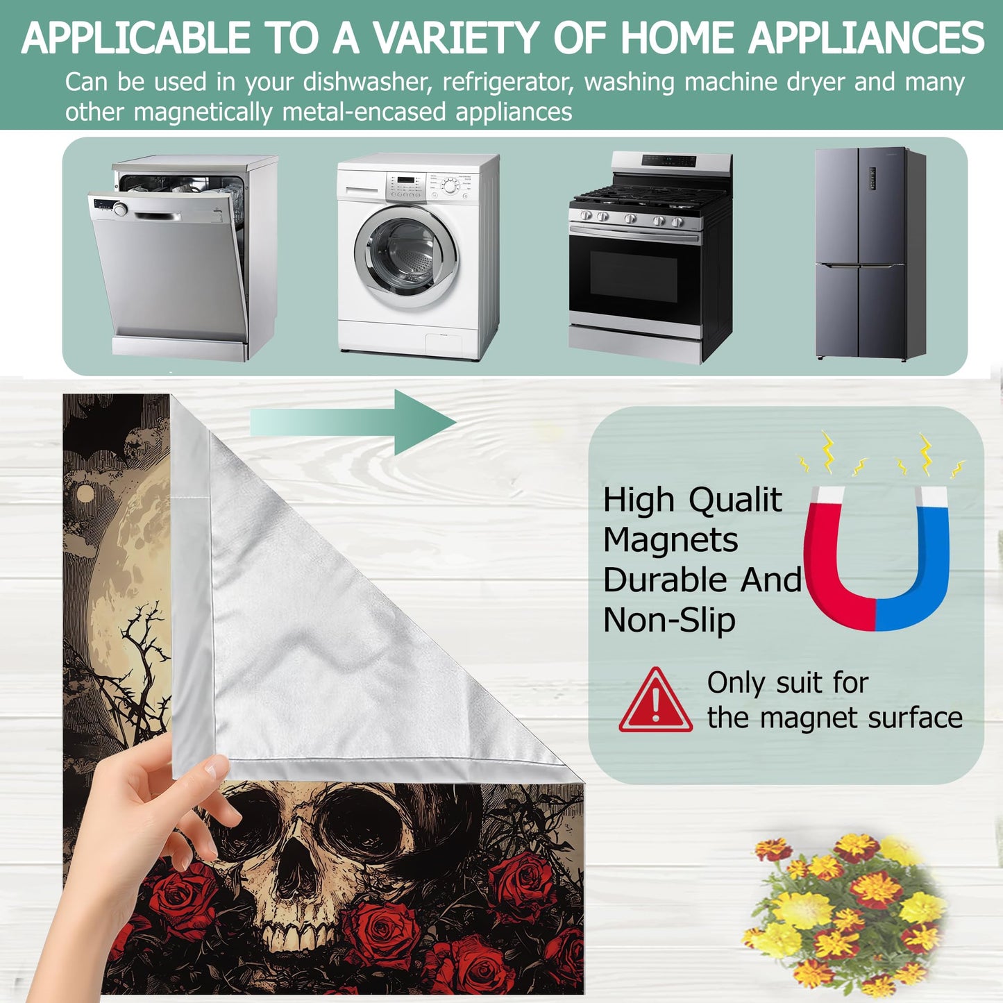 Gothic Black Cat Dishwasher Magnets Decorative Cover,Halloween Skull Flowers Waterproof Magnetic Dishwasher Cover Panel,Refrigerator Magnet Cover for Kitchen Home Decor 23x26 Inch