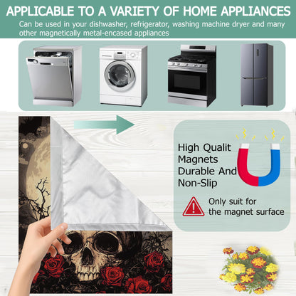 Gothic Black Cat Dishwasher Magnets Decorative Cover,Halloween Skull Flowers Waterproof Magnetic Dishwasher Cover Panel,Refrigerator Magnet Cover for Kitchen Home Decor 23x26 Inch