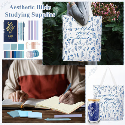 Singhoow 29 Pcs Bible Journaling Supplies Kit 16 oz Glass Cup Canvas Bag Leather Notebook Highlighters Pens Sticky Note Tapes Bible Study Supplies for Women Father Sunday School Teacher(Boho, Blue)