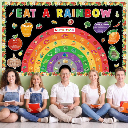 Eat A Rainbow Bulletin Board Set Healthy Food Fruit Vegetable Classroom Decoration Nutrition High Fiber Foods Cutouts Healthy Eating Board Border for Back to School Chalkboard Wall Decor Supplies