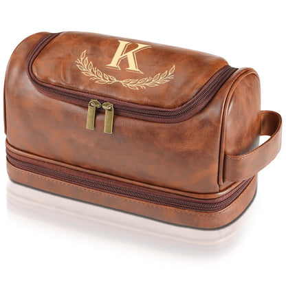 Sparklove Personalized Gifts for Men - Personalized Initial Toiletry Bag with Laser Engraved Monogram - Leather Travel Kit Shaving Organizer - Unique Present for Him, Husband, Boyfriend, Dad （K）