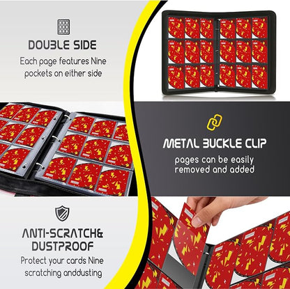Trading Card Binder 9 Pocket,900 Pocket Card Collection Binder with 50 Removable Sleeves,PU Waterproof Top Card Book,3-Ring Zipper Collectible Trading Card Album for MTG/TCG/Card Holder Gift（Red）