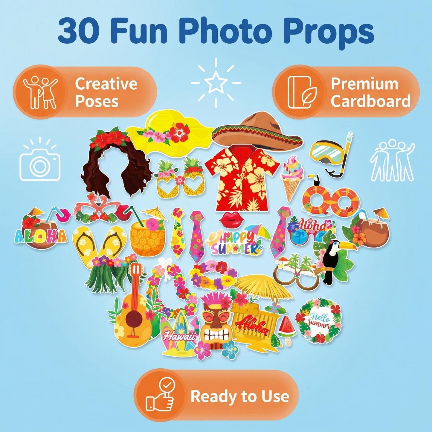 Photo Booth Backdrop and 30Pcs Props, 5x3 ft Aloha Themed Backdrop for Luau Party Decorations, Non-Reflective Surfboard & Tropical Leaf Backdrop for Pool Party, Beach Birthday Backdrop