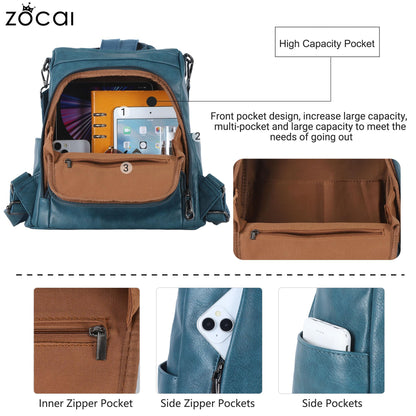 ZOCAI Backpack Purse for Women Medium Anti-Theft Backpacks Purses Design Leather Shoulder Bags with Removable Strap
