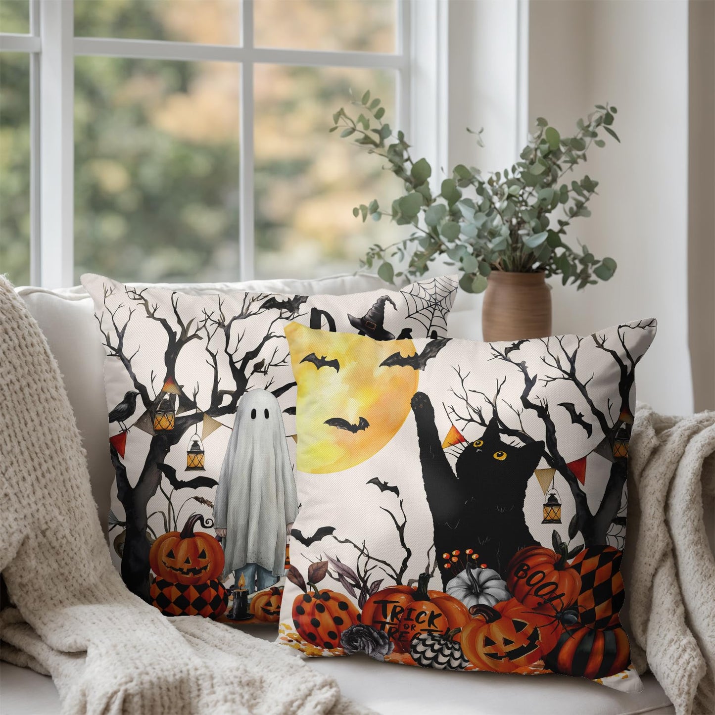 Wnoesat Halloween Outdoor Pillow Covers 18x18 Set of 2 Black Cat Pumpkin Moon Bat Throw Pillow Cases Ghost Spooky Boo Dog Skull Pillowcase Fall Holiday Decor for Home Sofa Couch