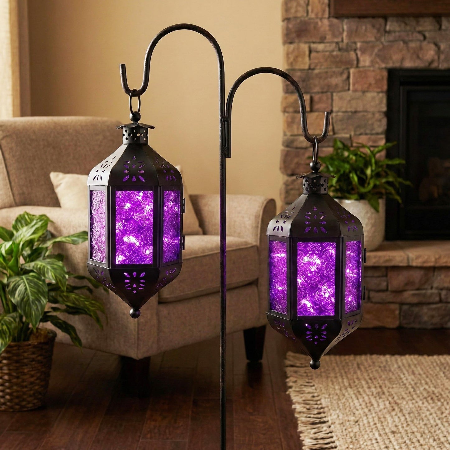 Vela Lanterns Decorative Indoor Moroccan Hanging Candle Holder, Purple, M