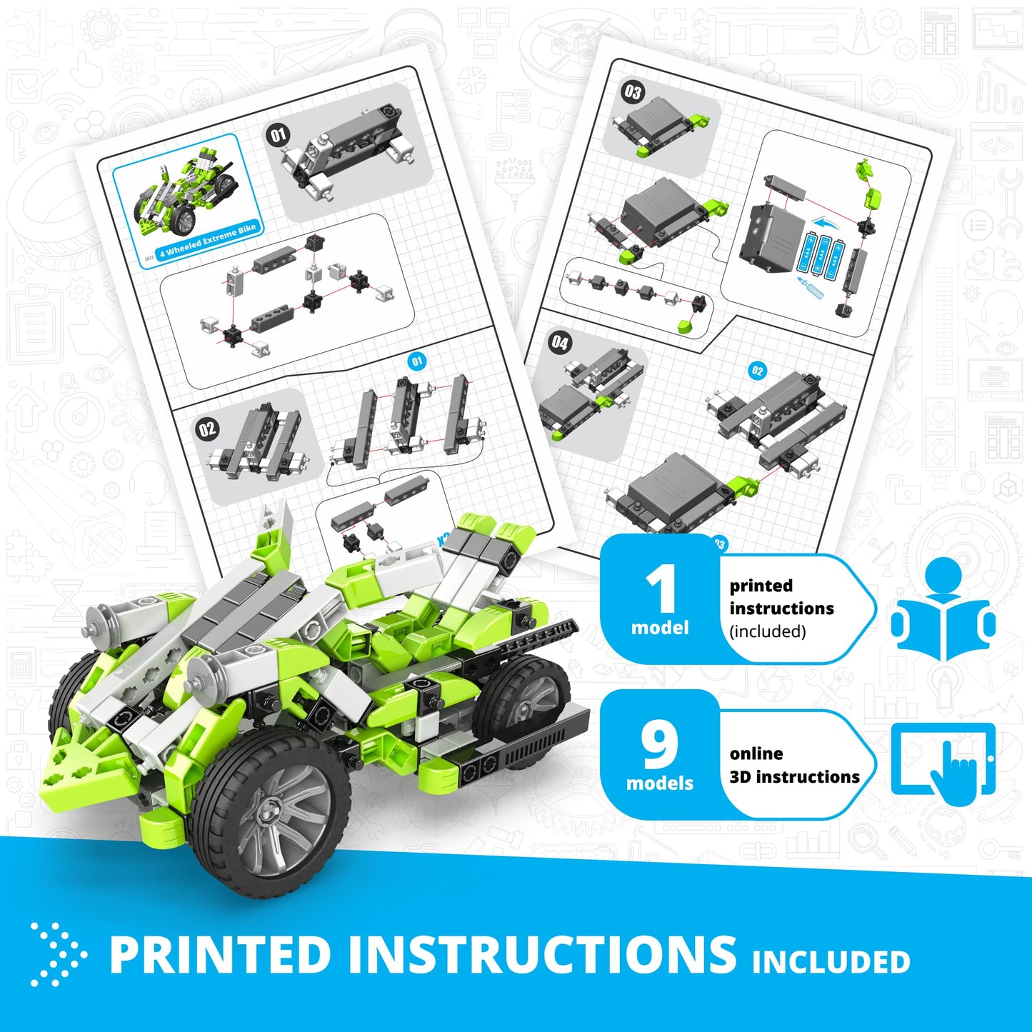 Engino: Inventor Mechanics - 4 Wheeled Extreme Bike - Motorized 10 Model Toy Brick Building Set, Vehicle Speed & Direction Movement, STEM Kit, Kids 9+