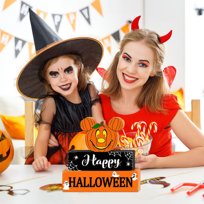 Halloween Mouse Wooden Table Signs Pumpkin Decor, 3PCS Happy Halloween Freestanding Rustic Tabletop Decorative Signs, Halloween 3-Layered Tiered Tray Blocks Centerpiece Indoor Home Decorations