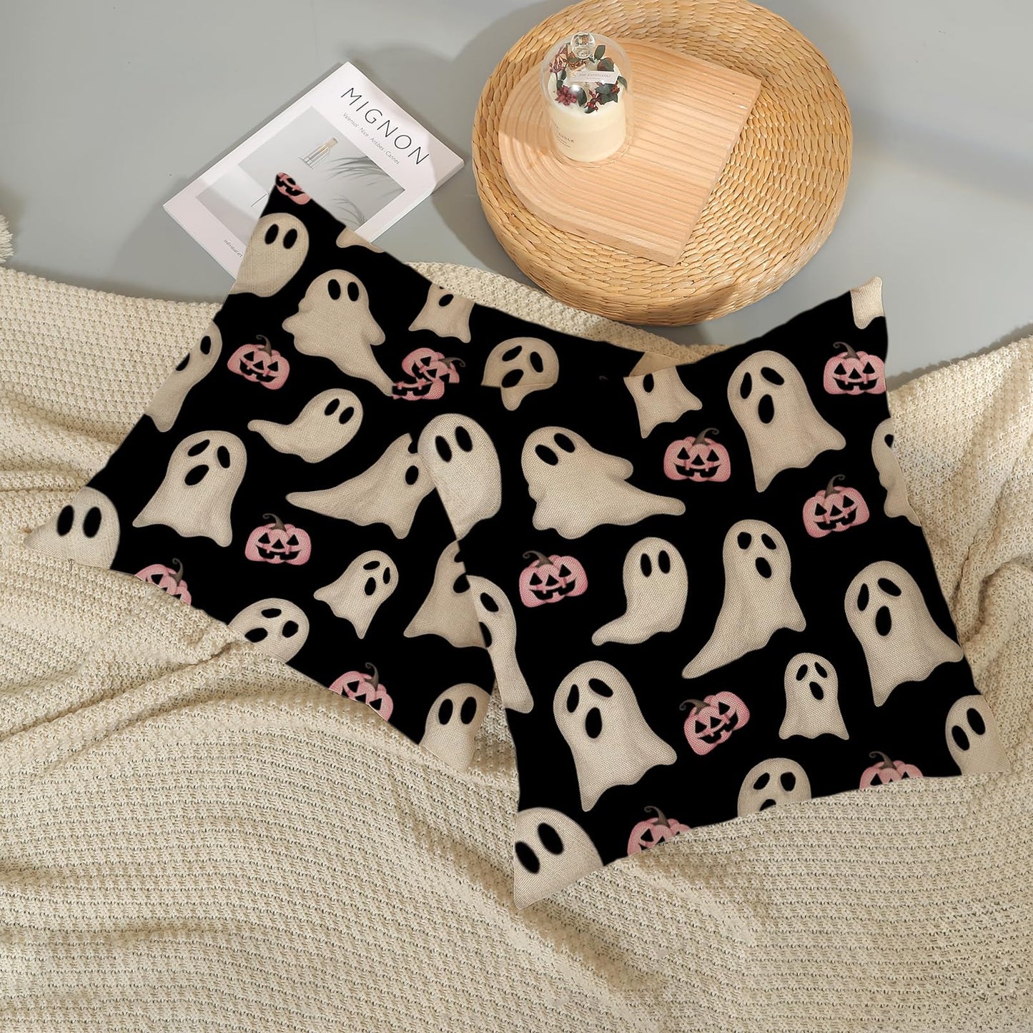 Halloween Pillow Covers 18x18 Inch Set of Black Pink Ghost Pumpkin Throw Pillow Covers Outdoor Decor,Autumn Halloween Decoration Ghost Farmhouse Linen Decorative Cushion Cover for Sofa Couch