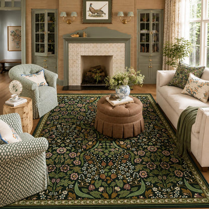 Moynesa Floral Washable 5x7 Rug, Green Area Rugs for Living Room, Non Slip Boho Dining Room Rug Under Table, Botanical Ultra Thin Floor Carpet for Bedroom Home Office, Green