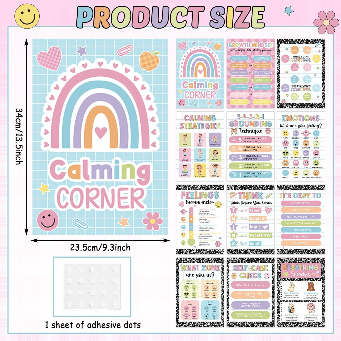 12Pcs Calming Corner Posters for Classroom Inspirational Emotions Feeling Poster for Kids Back to School Wall Decor Composition Notebook Mental Health Posters for School Office Home Teacher Supplies