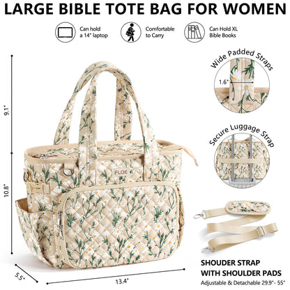 Large Bible Bag for Women Bible Cover Case, Quilted Puffer Bible Tote Bag Church Bag w/Shoulder Strap, Bible Study Supplies Journaling Kit Accessories Pen Tabs, Christmas Christian Gifts for Women Mom
