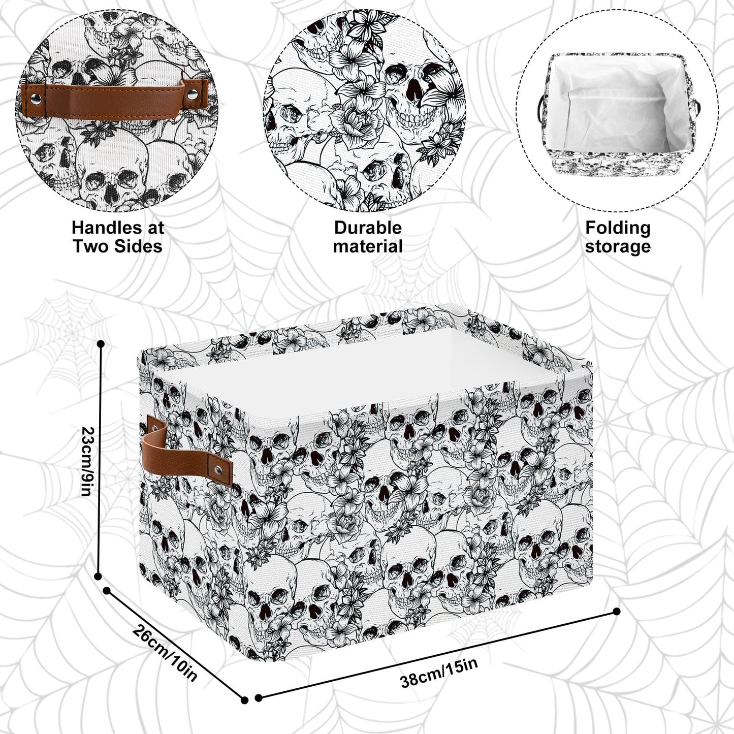 Whaline Halloween Storage Basket with Handles Skull Floral Cube Storage Bin Foldable Fabric Container Organizer Box for Home Office Dorm Closet Shelf Toy
