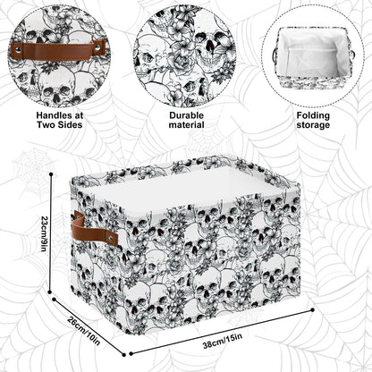Whaline Halloween Storage Basket with Handles Skull Floral Cube Storage Bin Foldable Fabric Container Organizer Box for Home Office Dorm Closet Shelf Toy