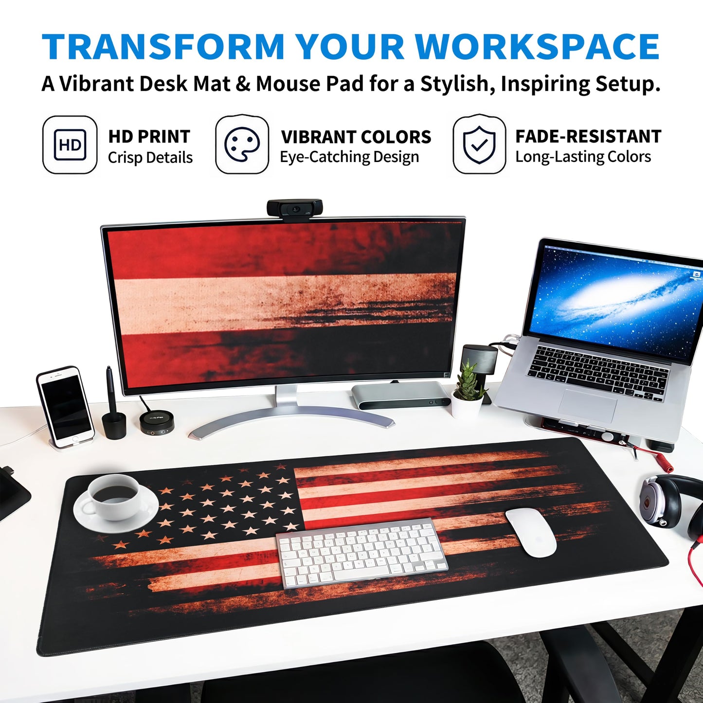 Extended American Flag Desk Mat, XXL Large Gaming Mouse Pad, Vintage Retro Style Stitched Edges Waterproof with Non-Slip Rubber Base for Computer Keyboard Laptop Work Home Office 35.4"x15.7"