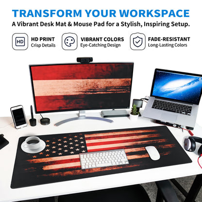 Extended American Flag Desk Mat, XXL Large Gaming Mouse Pad, Vintage Retro Style Stitched Edges Waterproof with Non-Slip Rubber Base for Computer Keyboard Laptop Work Home Office 35.4"x15.7"