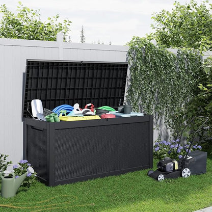 ROJIK Outdoor Storage Housing Deck Box - Waterproof Patio Furniture, Garden Tools, Cushions, Pool Accessories Storage Bench with Lockable Lid and Side Handles (Black, 315 Gal)
