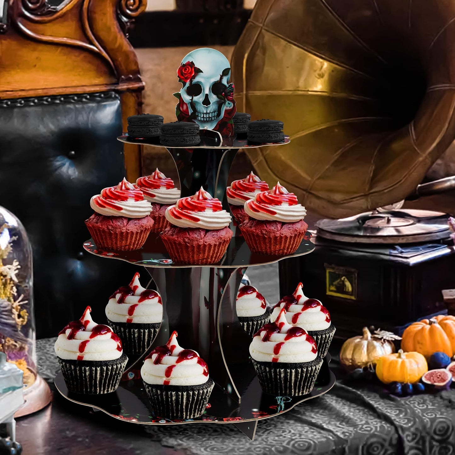 Cheerland Halloween Cupcake Stand Black Red Skeleton Birthday Party Decorations Rose Skull Party Decoration Goth Birthday Decor Spooky Skeleton Gothic Halloween Wedding Decorations