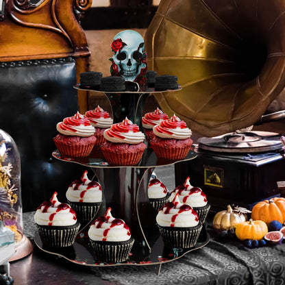 Cheerland Halloween Cupcake Stand Black Red Skeleton Birthday Party Decorations Rose Skull Party Decoration Goth Birthday Decor Spooky Skeleton Gothic Halloween Wedding Decorations