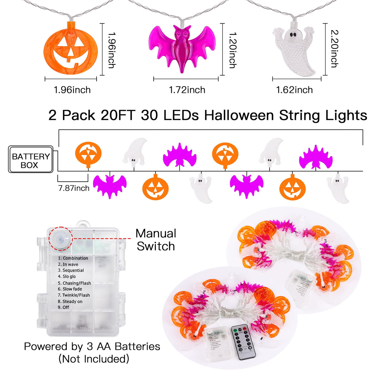 2 Pack Halloween Lights Indoor Outdoor Decorations Total 40FT 60 LED Pumpkin Bat Ghost Halloween String Lights Battery Operated, 8 Modes Waterproof Spooky Fairy Lights Home Yard Window Outside Decor