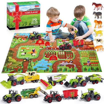 Oriate Farm Tractor Toys Vehicle with Animals & Activity Play Mat, 38Pcs Educational Realistic Kid's DIY Diecast Set, Kids Tractors Trailer Sprayer Cow Animal Toy Birthday Gift