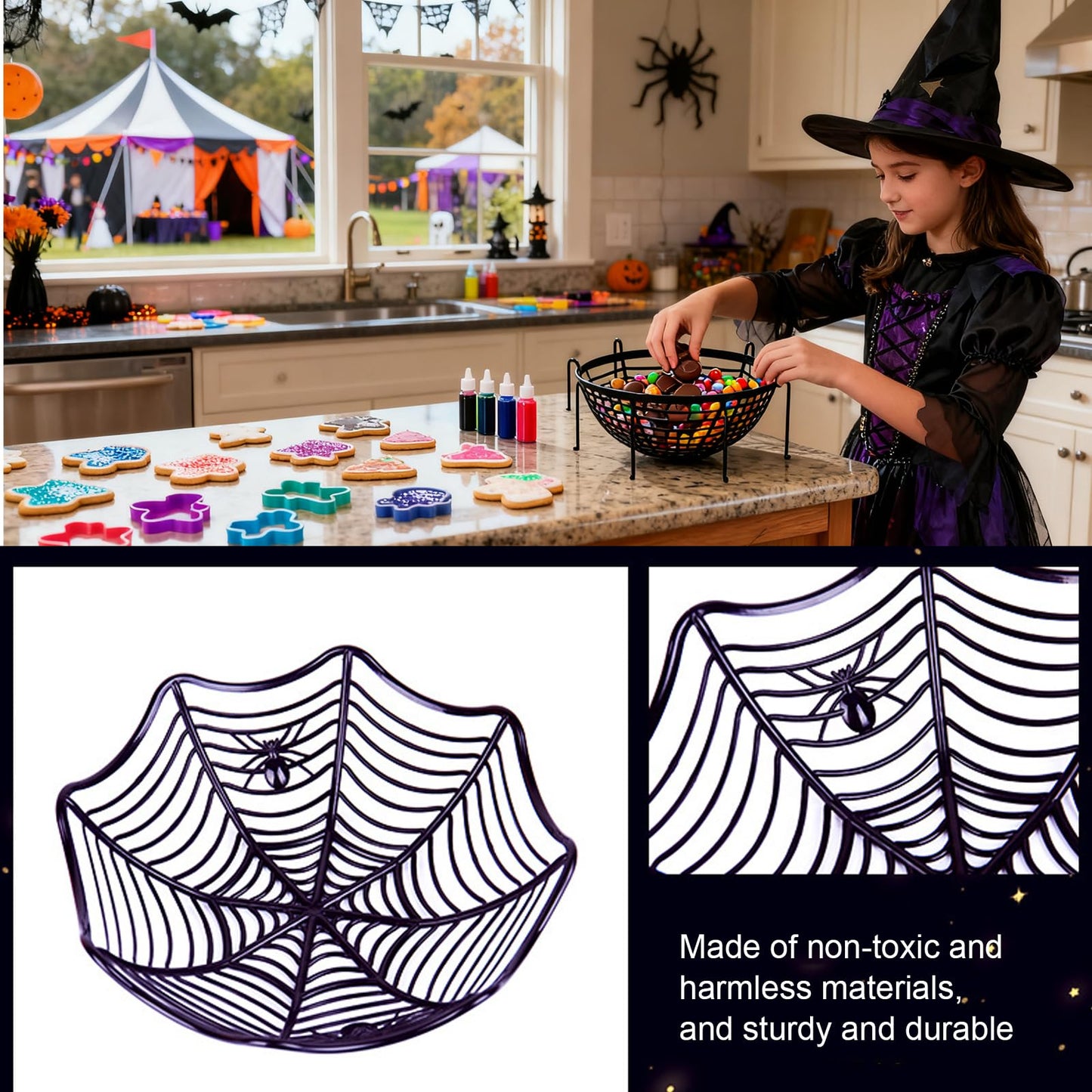 VirgoCCY 9 PCS Halloween Candy Bowl Set, Halloween Decorations, Trick or Treat Party Supplies Indoor Decor Candy Holder, 3 Spider web, 3 Skeleton, 3 Spider, Black/Orange/Purple