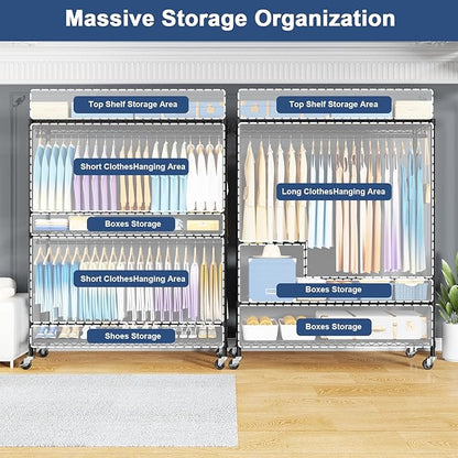 ULIFHOME P8C Max Heavy Duty Clothes Rack（With Extended Width Design） Rolling Clothing Racks for Hanging Clothes with Lockable Wheels，51.2" W x 15.8" D x 80.5" H，Load 800LBS，Black Rack with Grey Cover
