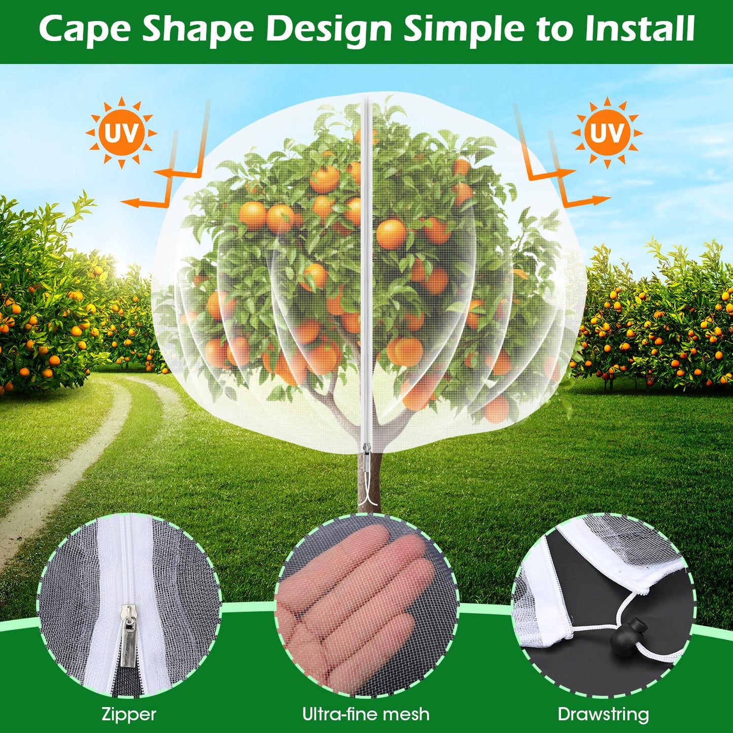 8'x8' Fruit Tree Netting Cover with Zipper and Drawstring, Ultra-Fine Mesh Garden Plant Insect Pest Net Barrier Protection Covers to Prevent Squirrel Bird Deer Cicadas Bag for Blueberry Tomato-1Pcs