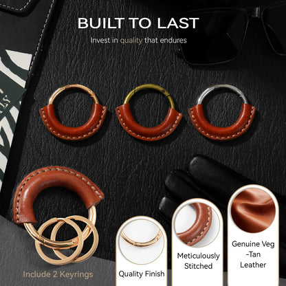 Genuine Leather Keychain - Carabiner Clip Key Fob with 2 Detachable Rings - Car Key Chain Holder for Men & Women