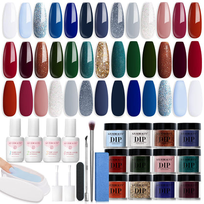 AZUREBEAUTY 31 Pcs Dip Powder Nail Kit 20 Colors Glitter Nude Brown Pink White Gray Dip Powder Liquid Set with Top/Base Coat Activator for French Nails Art Manicure DIY Salon Women Valentine's Gift