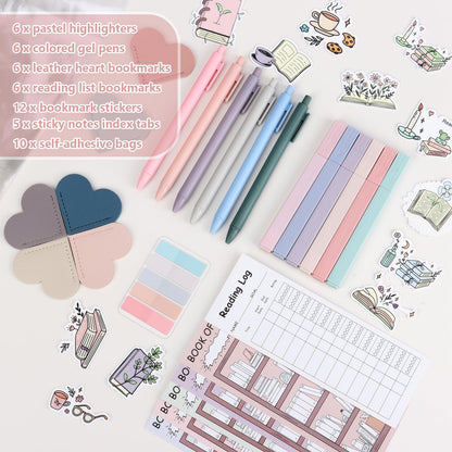 52 PCS Aesthetic Book Annotation Kit 6 Pastel Highlighters and Gel Pens Reading List Bookmarks Sticky Notes Index Tabs Stickers Bible Pages Self-Adhesive Bag for Book Lovers Gifts Book Accessories