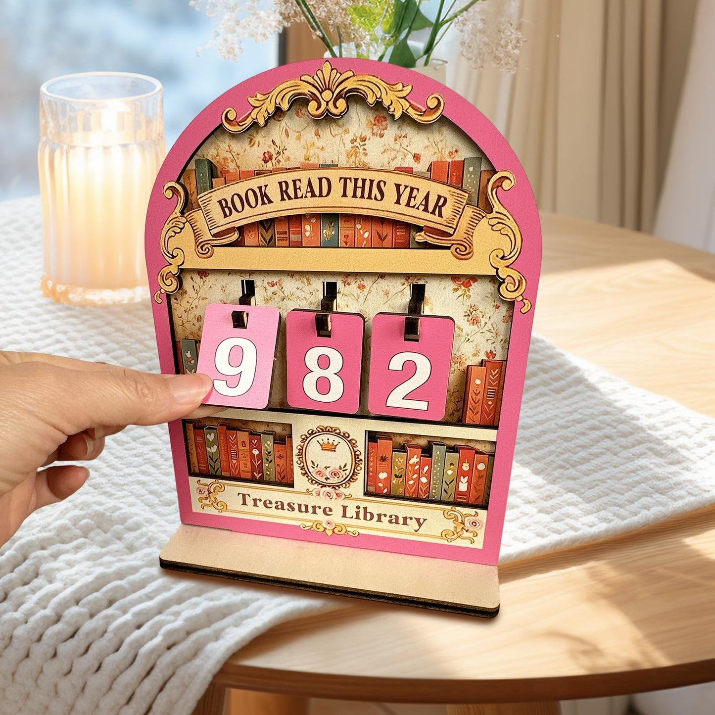 Bookish Reading Tracker Counter Sign, Wooden Books Read This Year Display, Book Lover Gift for Librarian, Reader, Teacher, Women, Wall and Table Decor for Home Library, Teachers, Book Lovers（pink）