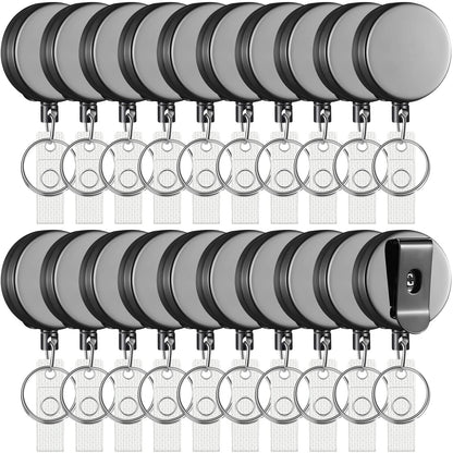 Leelosp 20 Pack Heavy Duty Retractable Badge Holder Reel Metal ID Badge Holder with Belt Clip Keyring Retractable Clip Bulk Card for Work Employee Doctor Nurse Gifts (Glossy Grey)