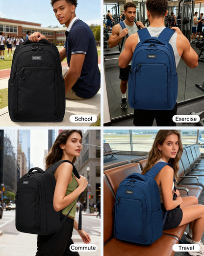 HanTrip Travel Laptop Backpack for Women Men, 18 Inch Large Work Backpack for Commuter College School Book Bags, Water Resistant Backpack with Luggage Strap Water Bottle Pocket Chest Strap, Navy Blue