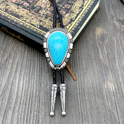 YOQUCOL Droplet Shape Blue Turquoise Stone Bolo Tie Native Western Cowboy Bola Tie Hand-woven Leather Necktie for Men Women
