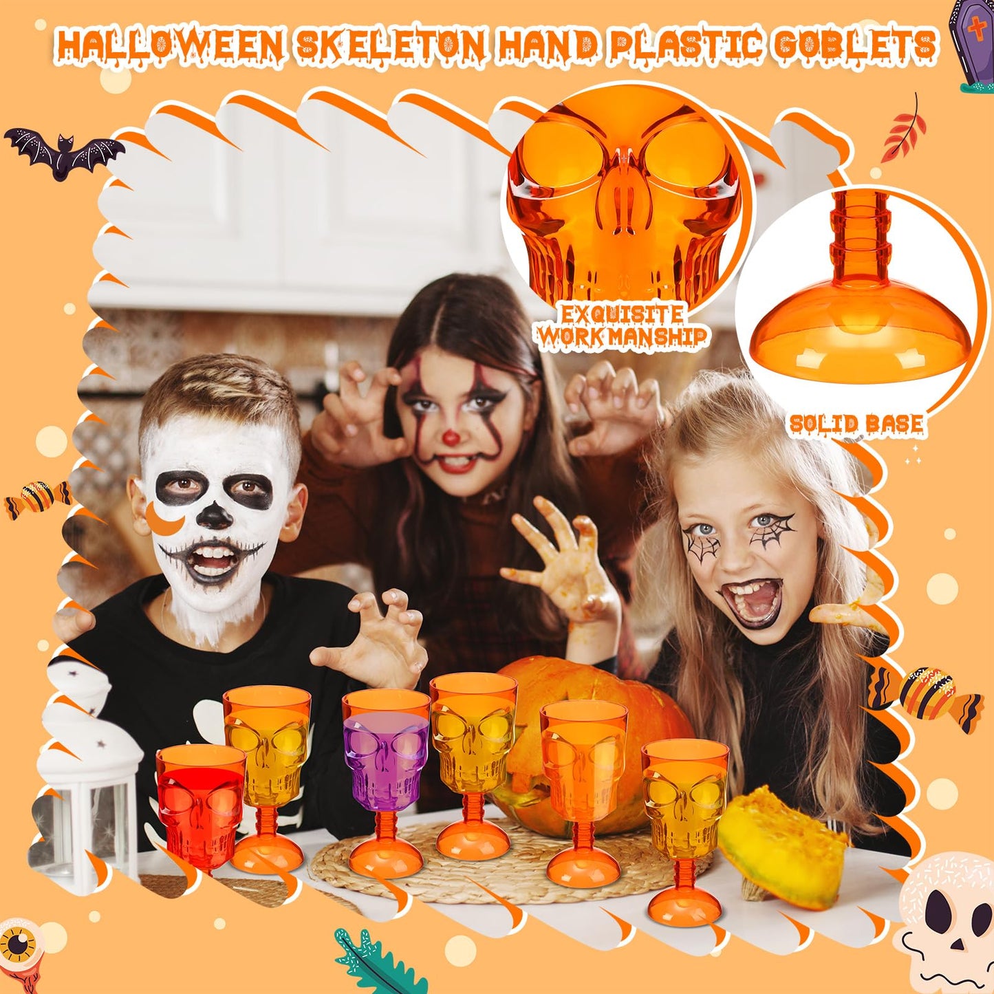 Bokon Set of 12 Halloween Cups Skull Goblets Gothic Party Table Decorations Plastic Wine Goblet Halloween Party Supplies Skeleton Themed Centerpiece(Orange)