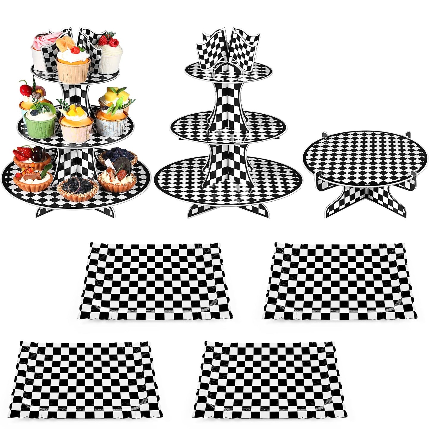 Zopeal 7 Pieces Racing Car Theme Cupcake Stand Set 3-Tier Cardboard Cupcake Display 1-Tier Cake Stand Round Dessert Display Rectangle Serving Tray Reusable Platters for Birthday Party